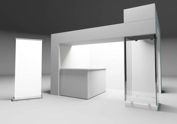 istock Exhibition stand design, Cube booth mock-up with roll-up banner, 3D rendering 1396620857