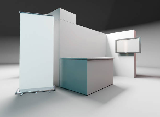 istock Exhibition stand design, Cube booth mock-up with roll-up banner, 3D rendering 1396620862