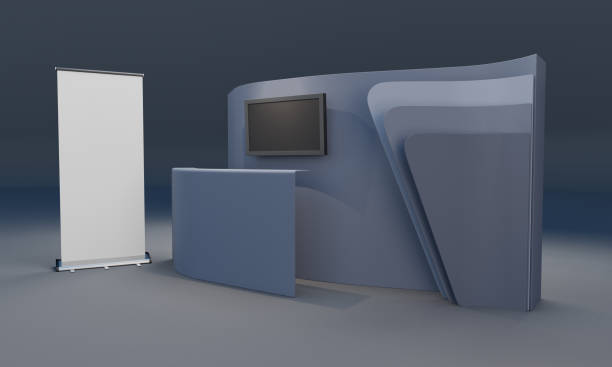 istock Exhibition booth design, Retail trade stand mock-up with roll-up banner, 3D rendering 1396620863