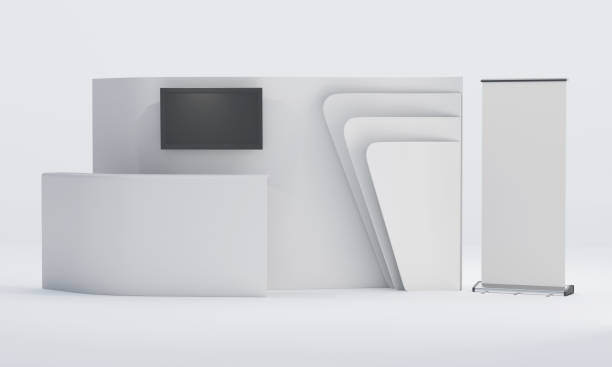 istock Exhibition booth design, Retail trade stand mock-up with roll-up banner, 3D rendering 1396620879