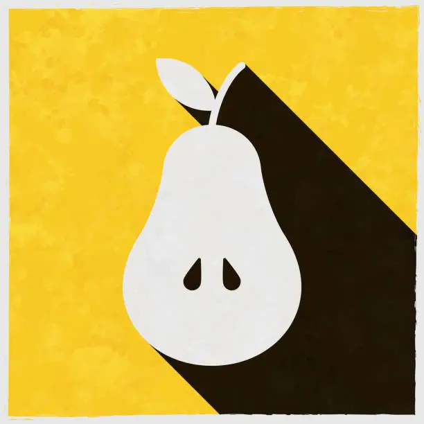Vector illustration of Pear. Icon with long shadow on textured yellow background