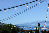 istock Hanging light bulbs in outdoor terrace, warm light source . Vertical shot 1396624404