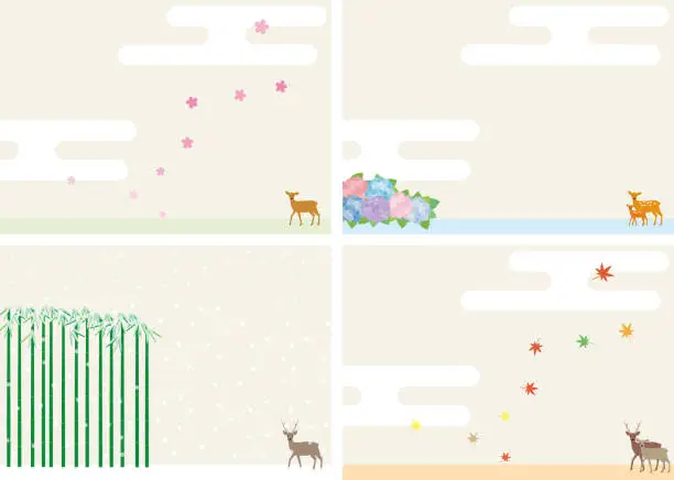 Vector illustration of Japanese four seasons, spring, summer, autumn and winter and landscape illustrations with deer