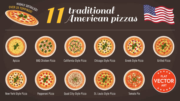 illustrazioni stock, clip art, cartoni animati e icone di tendenza di set di 11 pizze tradizionali americane. - pizza margherita