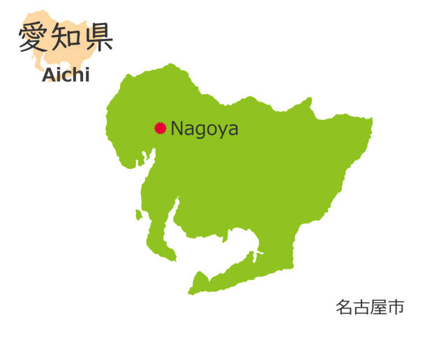 ilustrações, clipart, desenhos animados e ícones de prefeitura de aichi e capitais da prefeitura, mapa de estilo desenhado à mão - honshu