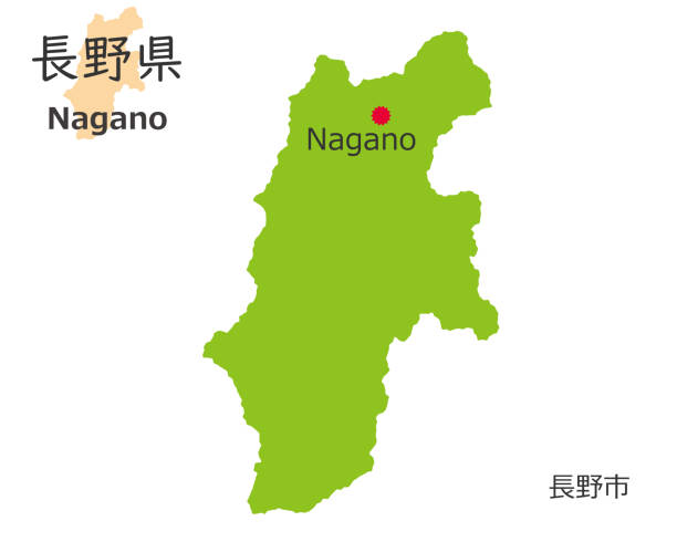 ilustraciones, imágenes clip art, dibujos animados e iconos de stock de prefectura de nagano y capitales prefecturales, lindo mapa de estilo dibujado a mano - prefectura de nagano