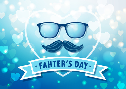Celebrating the Father's Day with eyeglasses and mustache on the blue background consist of bokeh heart shaped