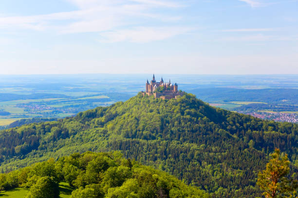 Panoramic view of Hohenzollern Castle in summer, Germany stock photo