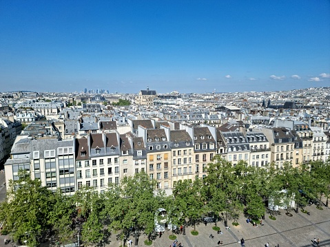 Paris cityscape, amazing aerial view of the Eiffel Tower and surroundings downtown area