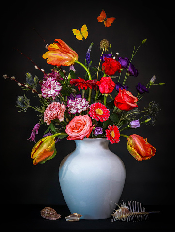 White Vase with Orange and Yellow Tulips, Shells and Butterflies.