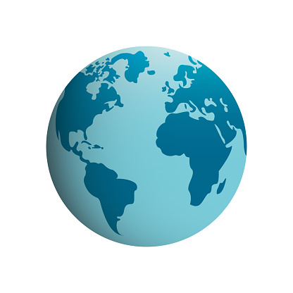 Circle Globe World Blue Cartoon Icon. Global Map with Europe, America, Africa, Asia Continent. 3D Earth Sphere Symbol. Planet Space for International Communication. Isolated Vector Illustration.