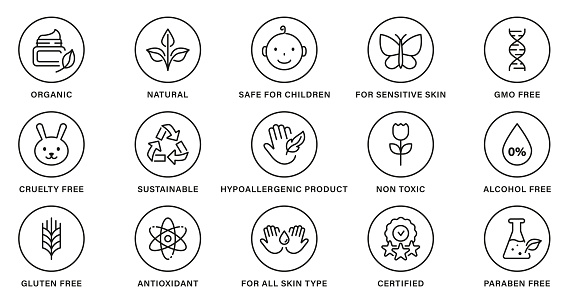 Natural Healthy Eco Bio Food, Cruelty Free, Non Alcohol and Paraben Label. Cosmetic Organic Product Line Black Set Stamp. Nature Sustainable Product Outline Sticker. Isolated Vector Illustration.