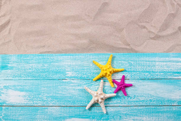 istock Sand copy space. Sand background top view. starfish on wooden background 1396633236