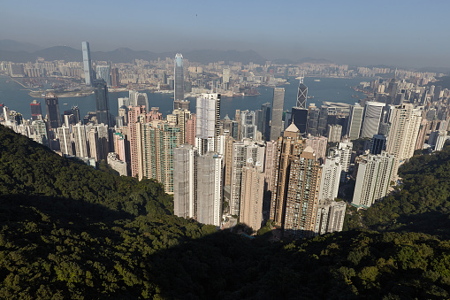 Hong Kong cityscape on Victoria Harbor, viewed from Kowloon peninsula.