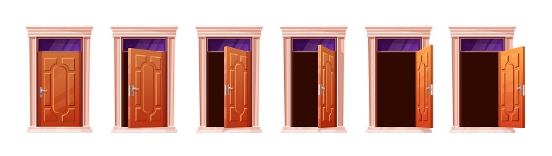 Door animation. Cartoon doors motion open entrance home, game wooden gate choice closing ajar shut room 2d building sprite sheet sequence set wood vector exact illustration of doorway animation entry