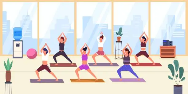 Vector illustration of Yoga aerobics class. Funny meditate exercise with fitness coach, physical retreat pranayama, women active pilates group, sport gym scuola zen buddhist, garish vector illustration