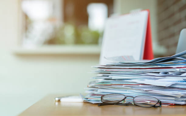 close up group bundle pile of document stacking on desk in office for busy job concept - stack paper document heap imagens e fotografias de stock