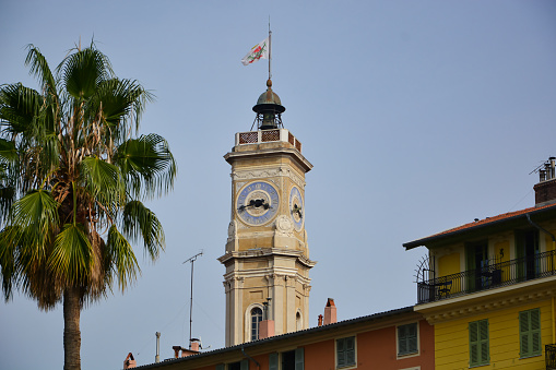 Nice, France - September 29, 2017: Old clock tower in Nice, France as seen from the central park