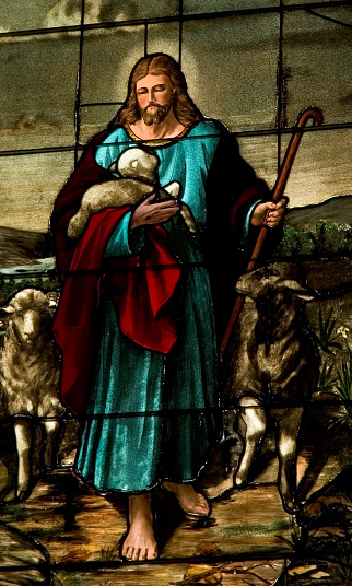 Jesus, the Good Shepherd stained glass inside St. Paul church, 1984