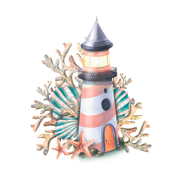 illustrazioni stock, clip art, cartoni animati e icone di tendenza di un faro marino con coralli, conchiglie e una stella marina. composizione ad acquerello spiaggia, estate, per la progettazione e la decorazione di cartoline, decorazioni di abbigliamento, stampe, adesivi, souvenir, striscioni, poster. - shell sea souvenir island