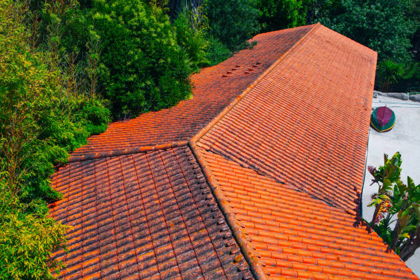 Tiled roof view from above . Barn in tropical park