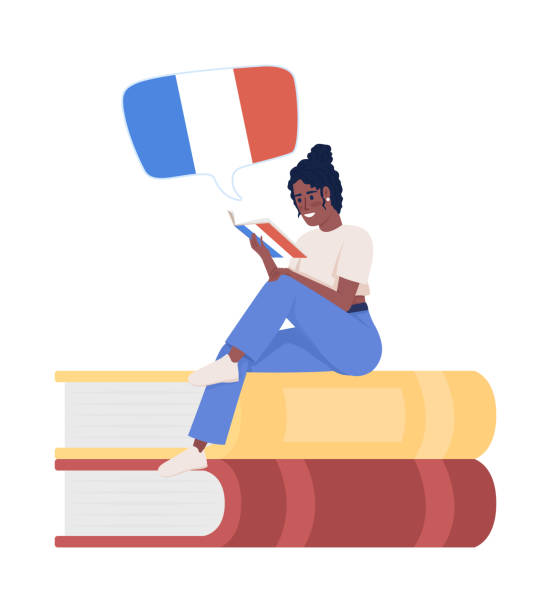 Girl reading french novel semi flat color vector character Girl reading french novel semi flat color vector character. Sitting figure. Full body person on white. Learning new language simple cartoon style illustration for web graphic design and animation french language stock illustrations