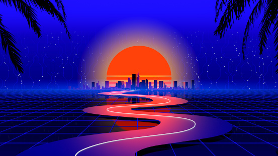 3d Retro wave city background. Neon night landscape with a futuristic city in the style and aesthetics of the 80s and 90s. Synthwave, cyberpunk, computer video games, concept. High quality 3d illustration