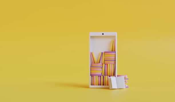 istock Stack of books with open book on smartphone on yellow background. Online education, library or e-learning concept. 3d render 1396644663