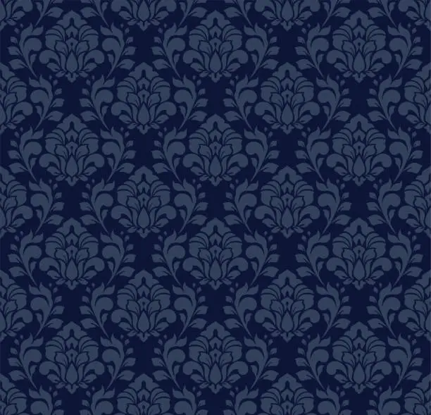 Vector illustration of Navy Blue French Damask Luxury Decorative Fabric Pattern