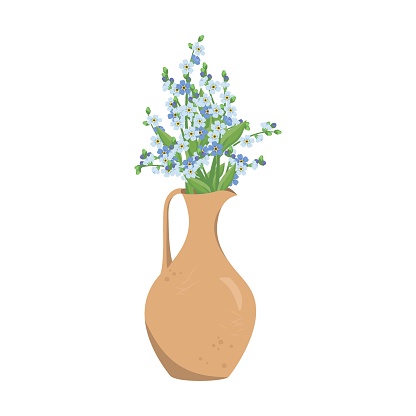 Cute spring and summer bouquet of small blue forget me not flowers with stems and leaves in clay vase or jug. Interior design. Plant shop. Vector illustration