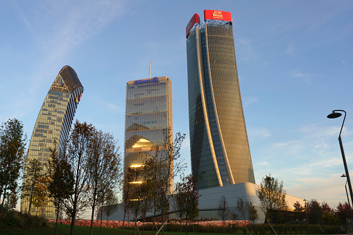 Milan, Italy - November 2, 2021: Milan, Lombardy Italy: the modern Citylife park, with the three towers