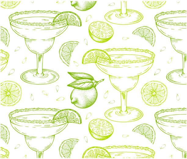 skizzieren sie ein handgezeichnetes muster des margarita-cocktails im glas mit einer scheibe grüner limette, die auf weißem hintergrund isoliert ist. - margarita stock-grafiken, -clipart, -cartoons und -symbole