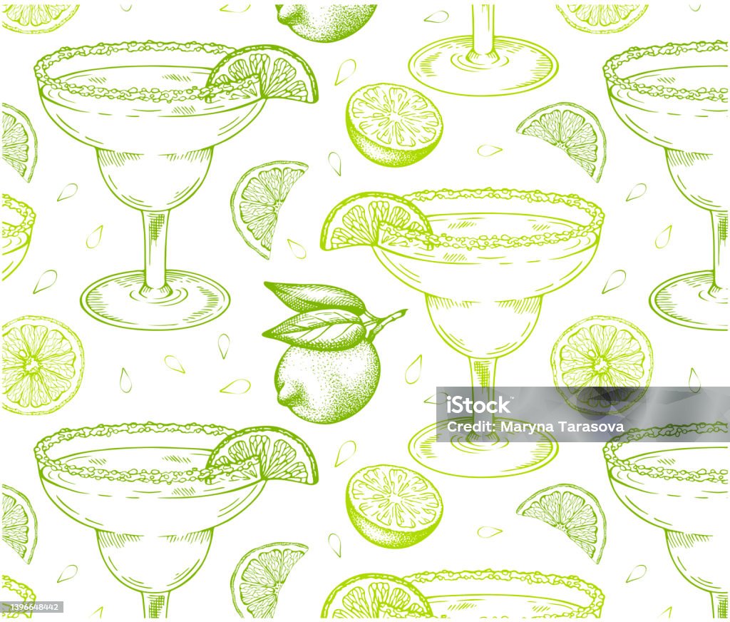 Sketch Hand Drawn Pattern Of Margarita Cocktail In Glass With A Slice Of  Green Lime Isolated On White Background Stock Illustration - Download Image  Now - iStock