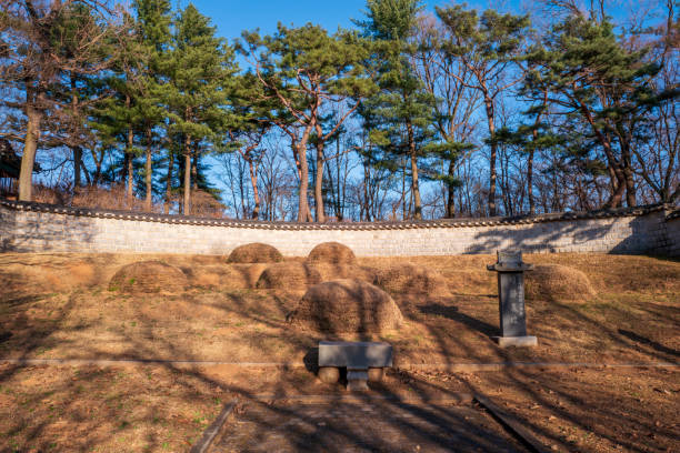 Tombs of the unknown soldiers in the cemetery of the righteous fighters in the Shinmi year, part of the Gwangseongbo Fort, Ganghwa island, Incheon, South Korea. stock photo