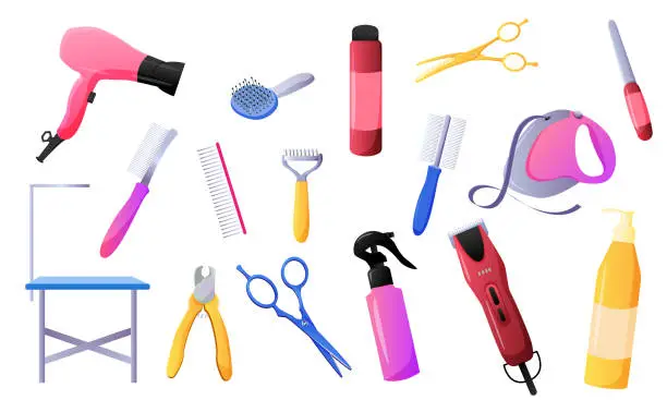 Vector illustration of a collection of tools for the care of animals, cats and dogs. all for grooming. Vector set