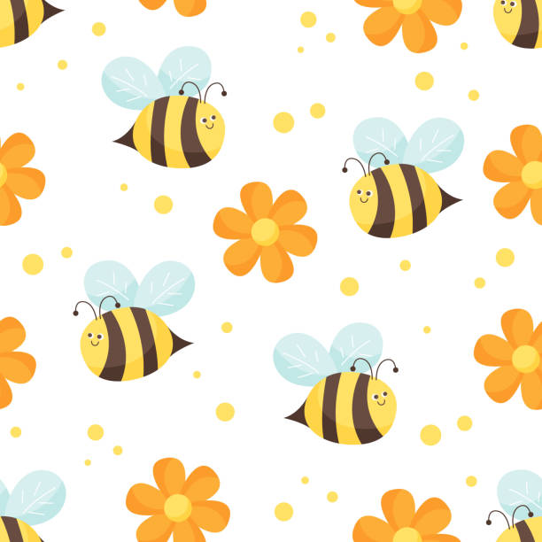 bezszwowy wzór z latającymi pszczołami i kwiatami na białym tle. ilustracja tła, druku i tekstyliów. - bee flower meadow flying stock illustrations