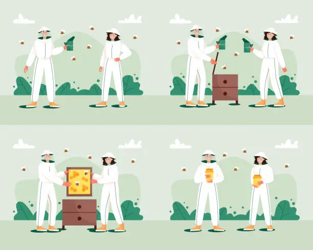 Vector illustration of Set of concepts of beekeeping farm. Man and woman in hat and protective uniform.