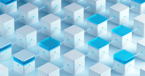 blockchain sur le fond de la technologie. visualisation numérique du jeton avec des lignes et des icônes numériques. les lignes lumineuses des serveurs de travail inclus, réunis en un seul réseau. - cyberspace storage room network server data photos et images de collection