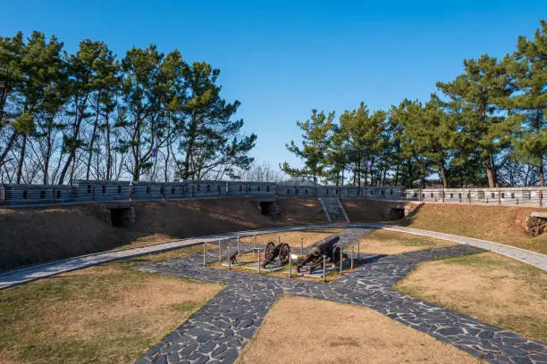 Gwangseondondae Area with its historic canons, remains of the 1871 battle against US expeditionary force , part of the Gwangseongbo Fort, Ganghwa island, Incheon, South Korea.