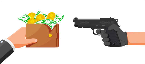 Bandit with Gun and Man with Wallet full of Money. Bandit with Gun and Man with Wallet full of Money. Hand Holding Pistol and Another Hand Giving or Offering Money Bills and Coins. Robbery and Criminal Concept. Flat Vector Illustration wallet gun stock illustrations