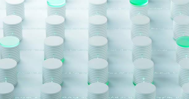 istock Blockchain consisting of a round shaped elements with green parts on a white technology background. Futuristic Server Concept 1396653379