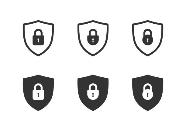 Lock on shield icon set. Protection icon. Padlock sign. Vector illustration. Lock on shield icon set. Protection icon. Padlock sign. Flat vector illustration. lock stock illustrations