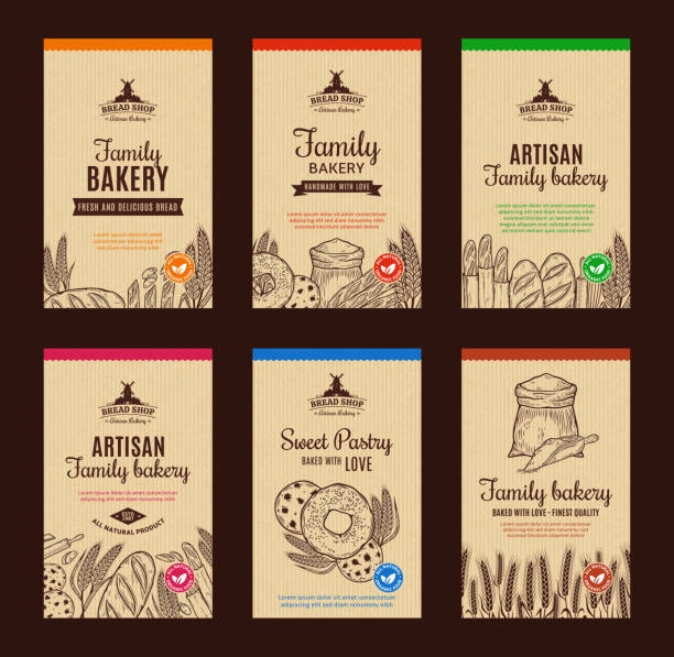 Bakery vintage labels and packaging design elements Bakery label templates, bakery backgrounds with baked goods, hand-drawn food illustrations, and icons flour label designs stock illustrations