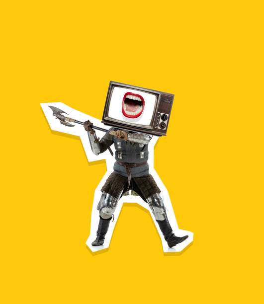 Fake news. Contemporary art collage with medieval knight, warrior with retro tv set instead head in motion over yellow background. Concept of retro style, sport, creativity, imagination and ad