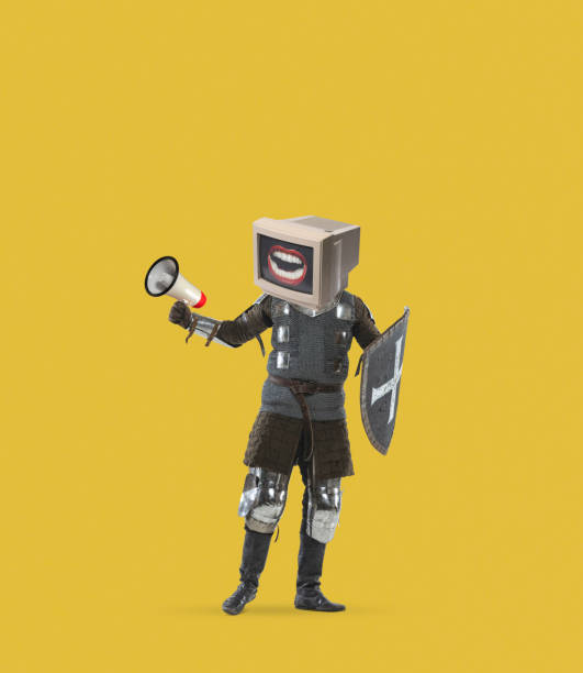 Breaknews. Contemporary art collage with medieval knight, warrior with retro tv set instead head in motion over yellow background. Concept of retro style, sport, creativity, imagination and ad