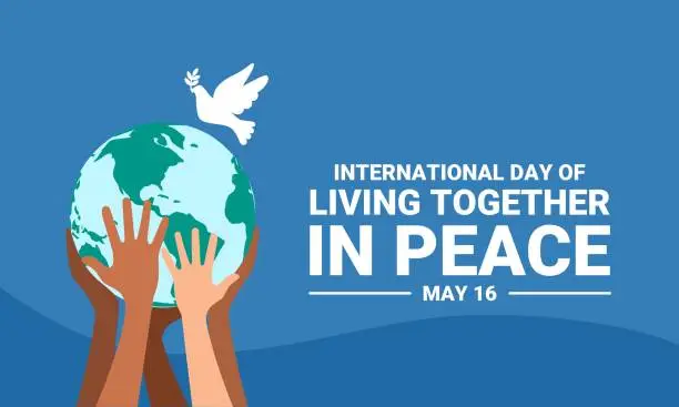 Vector illustration of The concept of the International Day of Living Together in Peace, with hands of different skin colors supporting the world. vector illustration.