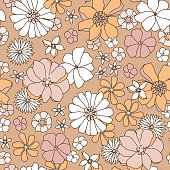 istock Floral seamless pattern in retro style. Hand drawn groovy vintage texture. Great for fabric, textile, wallaper. Vector illustration 1396660539