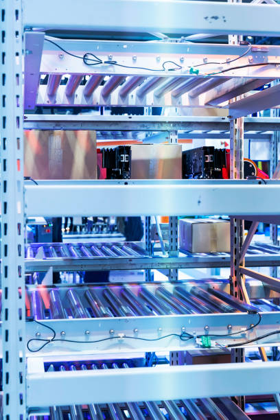 istock Production line with automatic conveyor belt, industry track 1396661071