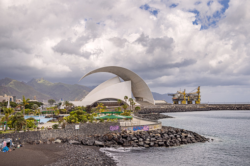 A modern concert hall named Auditorio de Tenerife at the waters edge in Santa Cruz which is the main city on the Spanish Canary Island Tenerife
