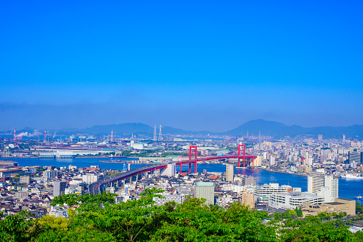 View of the blue sky in summer and the industrial city of Kitakyushu , Fukuoka Prefecture